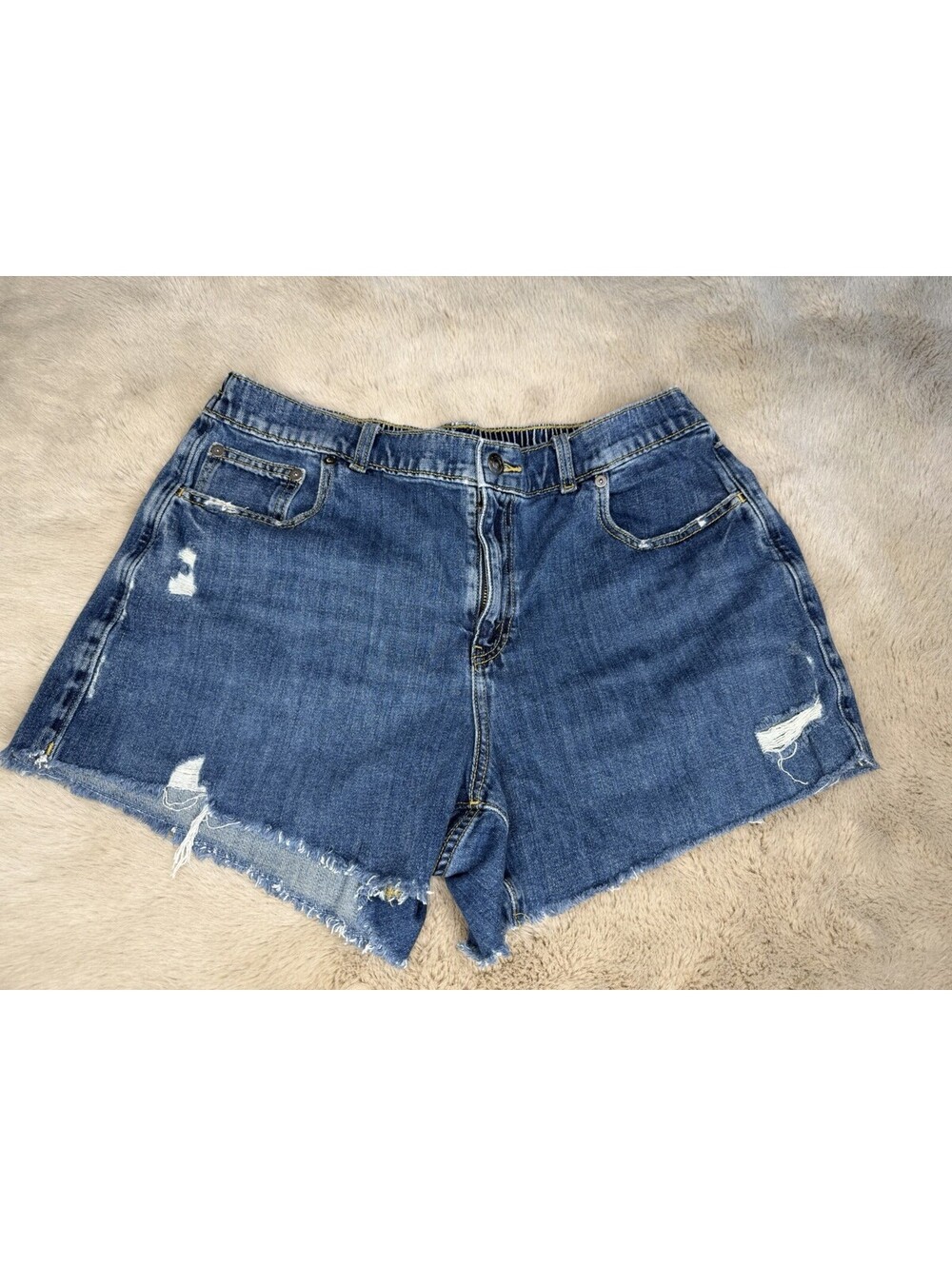 Aerie Women's Daydream Dark Denim Distressed Cutoff Shorts Elastic Size Large